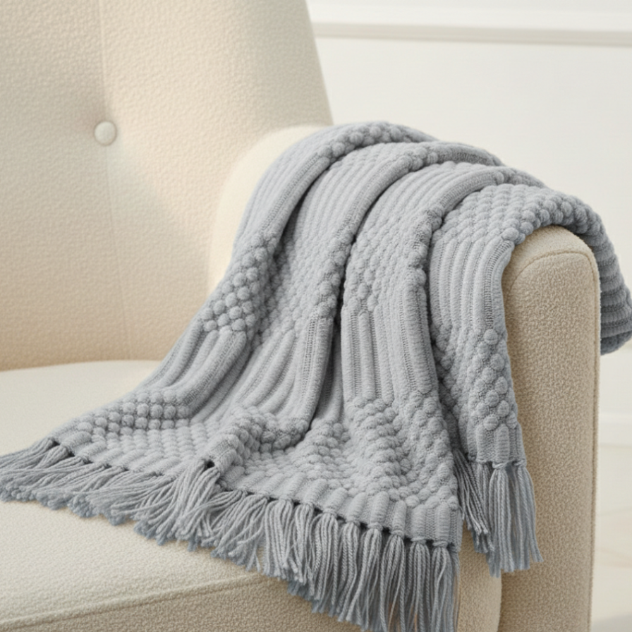 Gray textured blanket draped over a beige armchair
