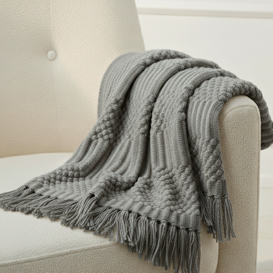 Gray knitted blanket with tassels draped over a beige armchair.