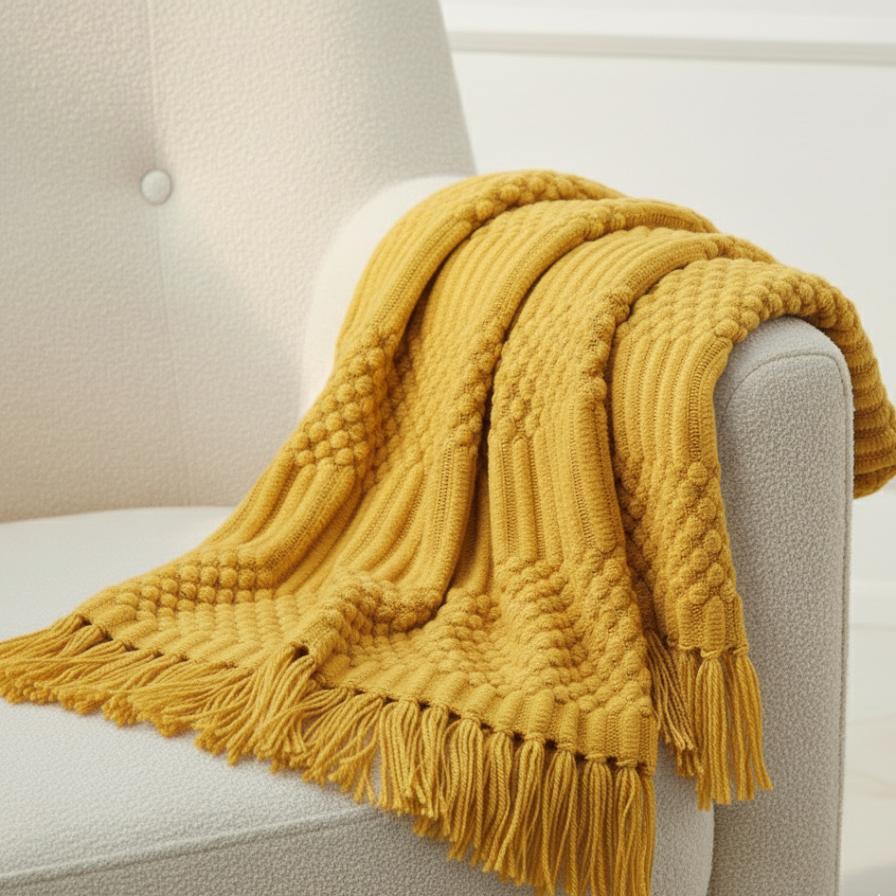 Yellow knitted blanket with tassels draped over a chair.