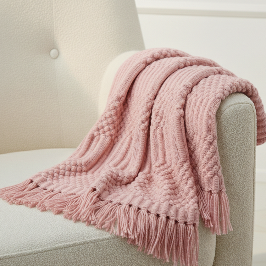 Pink knitted blanket with tassels draped over a chair.