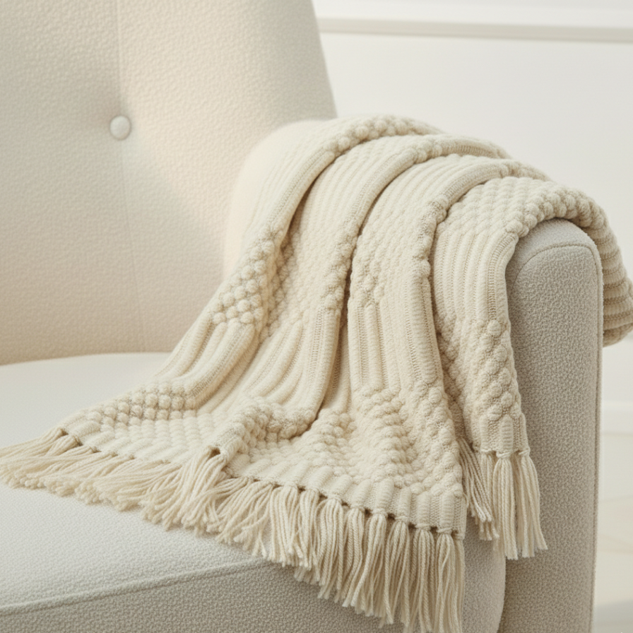Beige knitted blanket with tassels draped over a beige armchair.