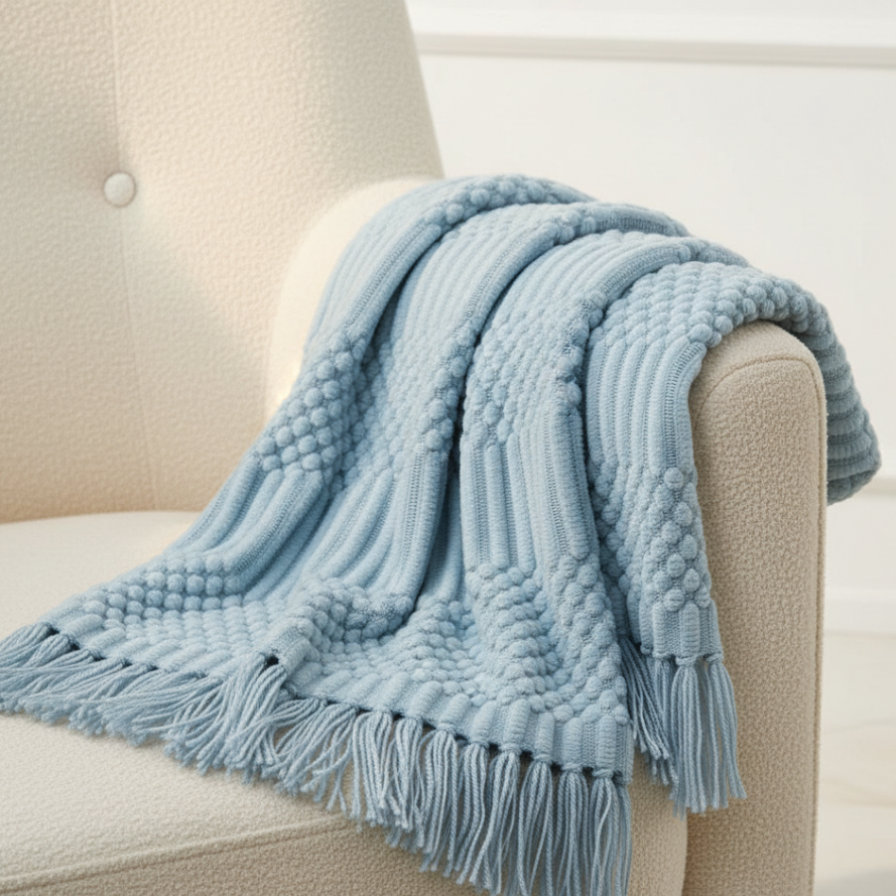 Light blue textured blanket with tassels draped over a beige armchair.