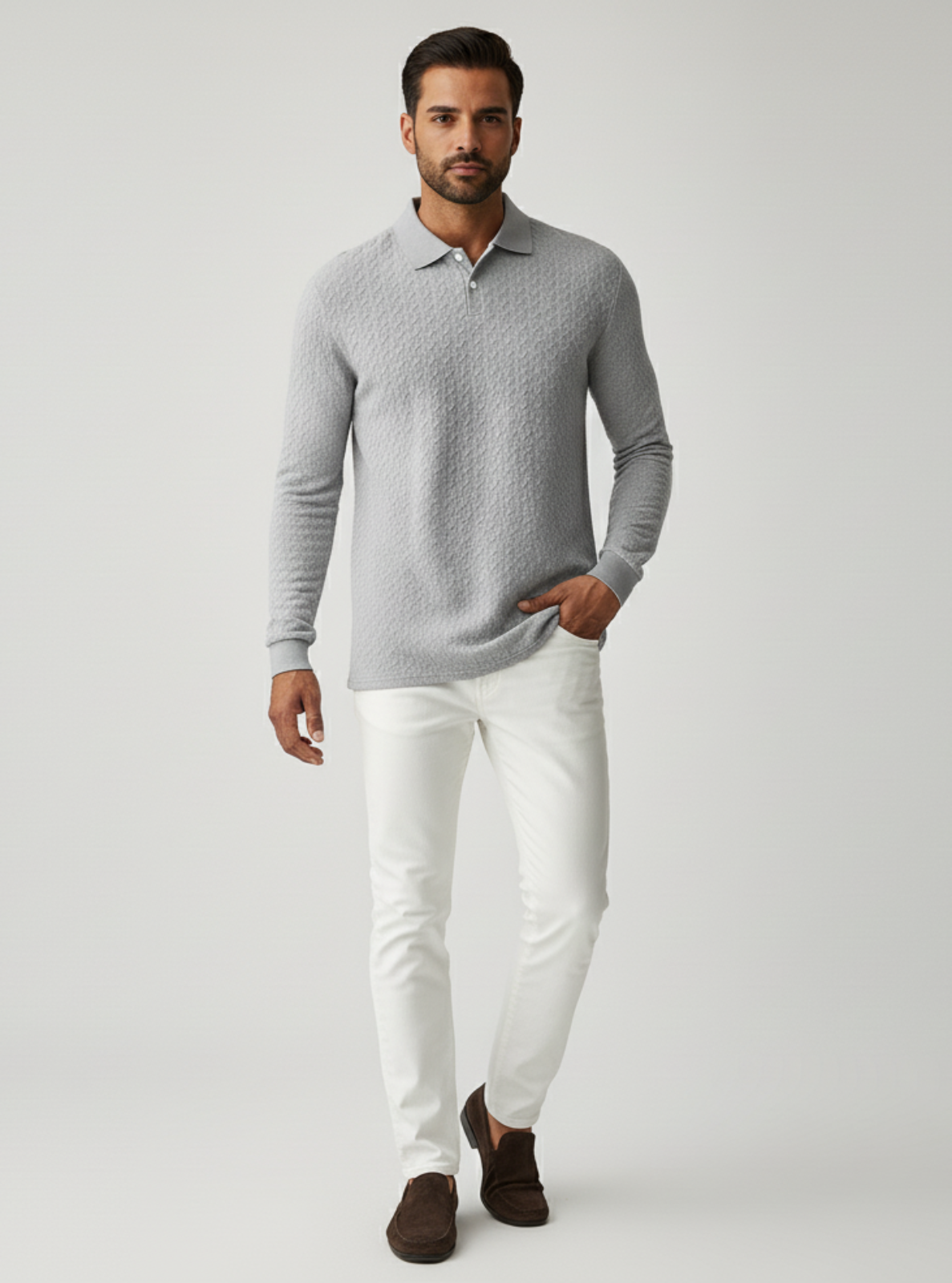 Man wearing a gray sweater and white pants on a light gray background