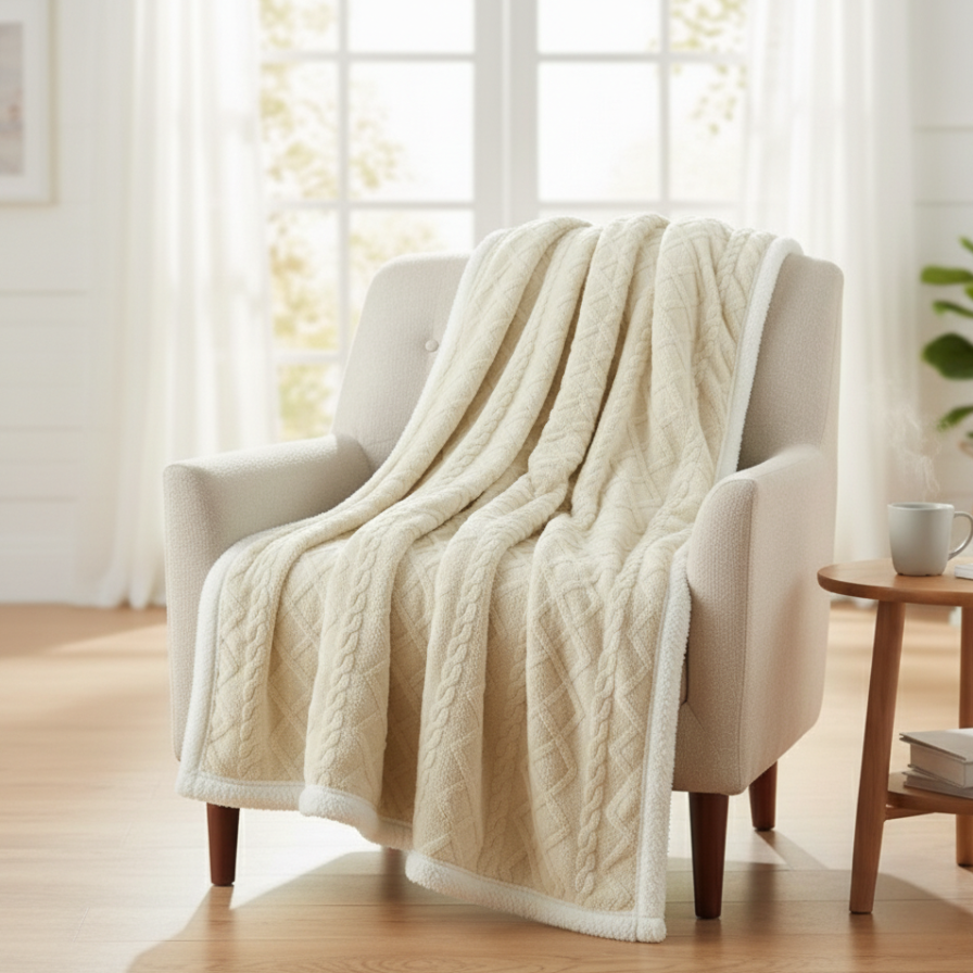 Beige cable knit blanket draped over a chair in a bright room with a cup and book on a side table.