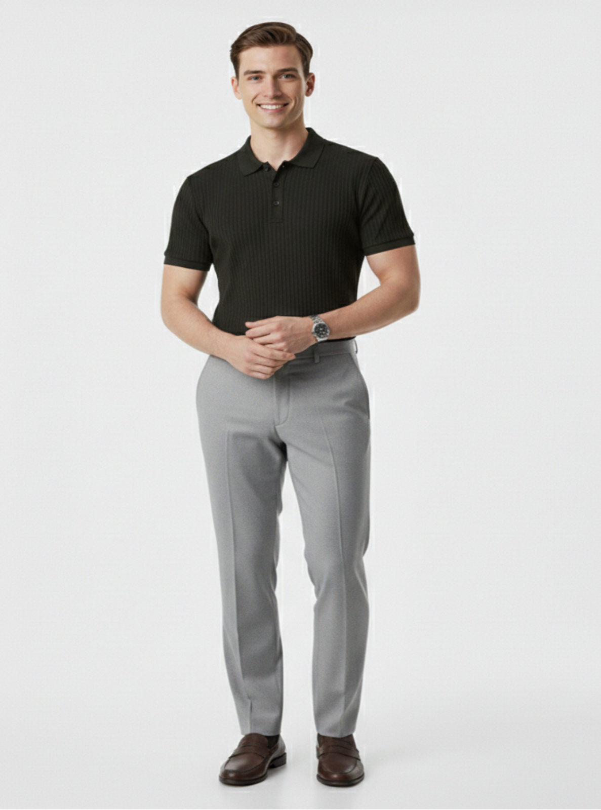 Man wearing a black polo shirt and gray pants on a white background
