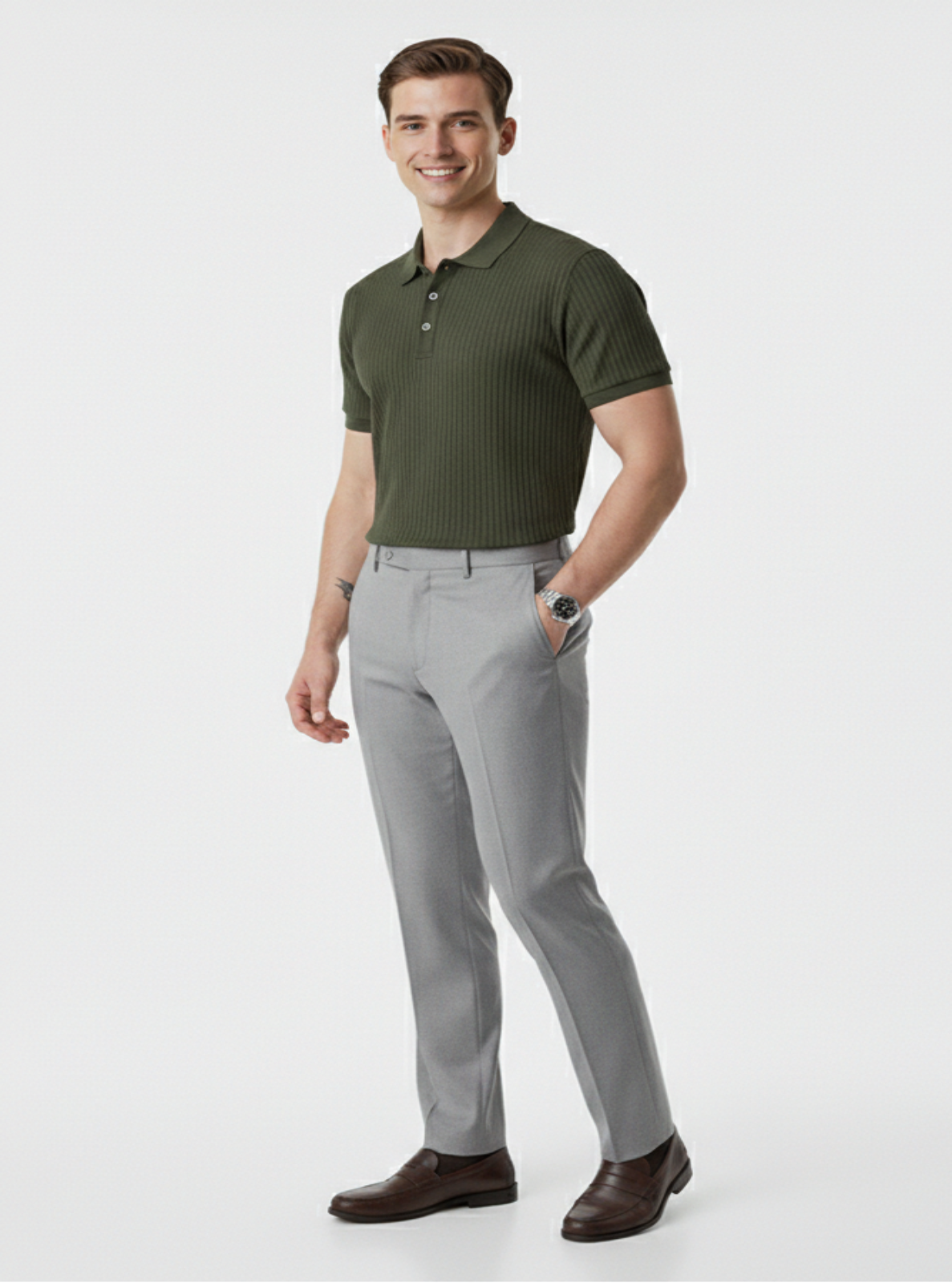 Man wearing a green polo shirt and gray pants on a white background
