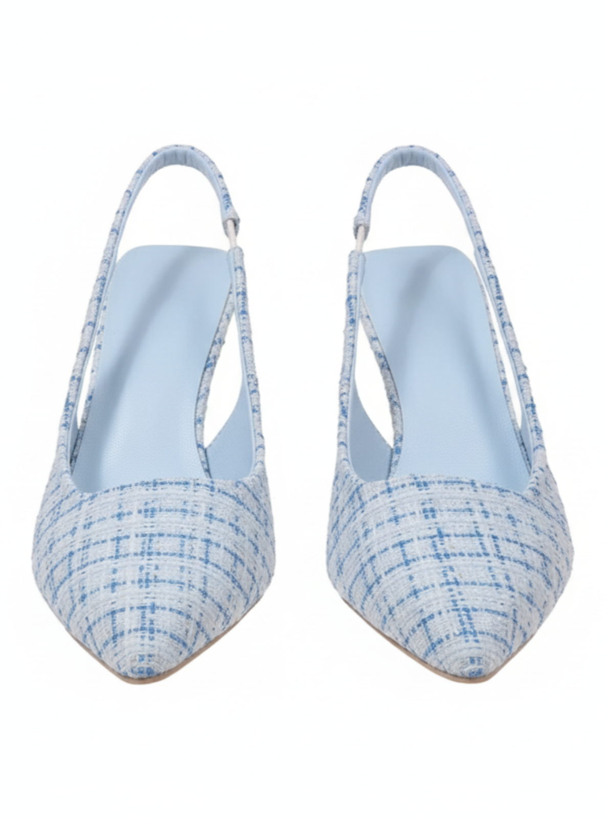 Pair of light blue checkered slingback shoes on a white background