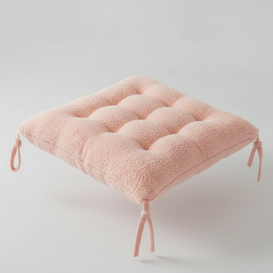 Pink cushion with ties on a light gray background
