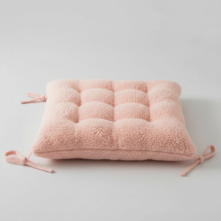 Pink cushion with ties on a light gray background