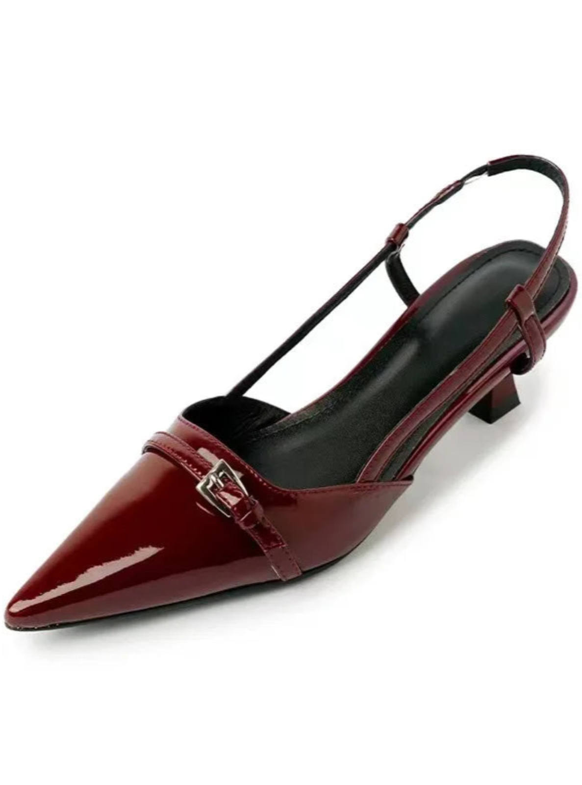 Red patent leather slingback shoe on a white background