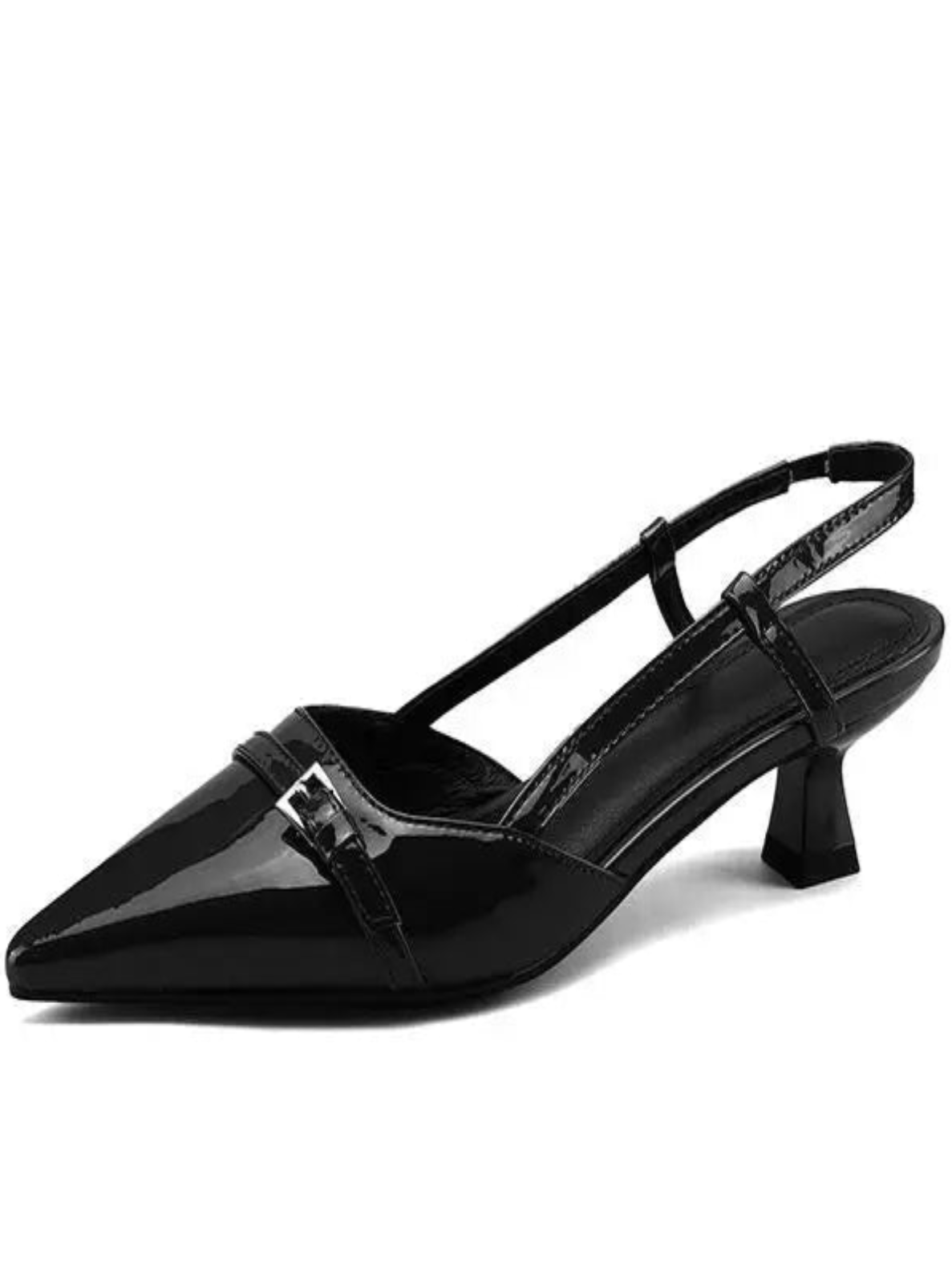 Black patent leather slingback shoe on a white background