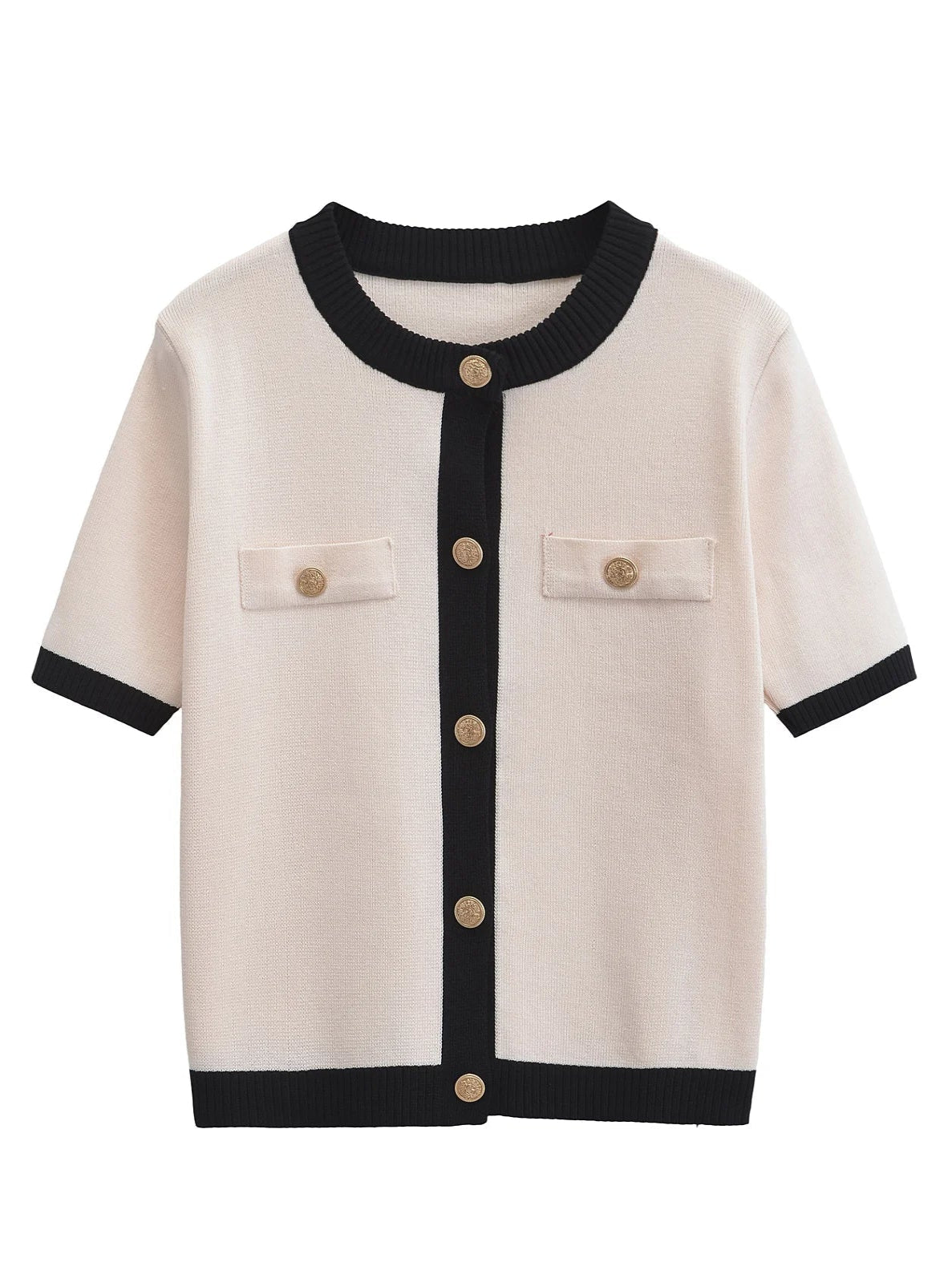 White cardigan with black trim and gold buttons on a white background