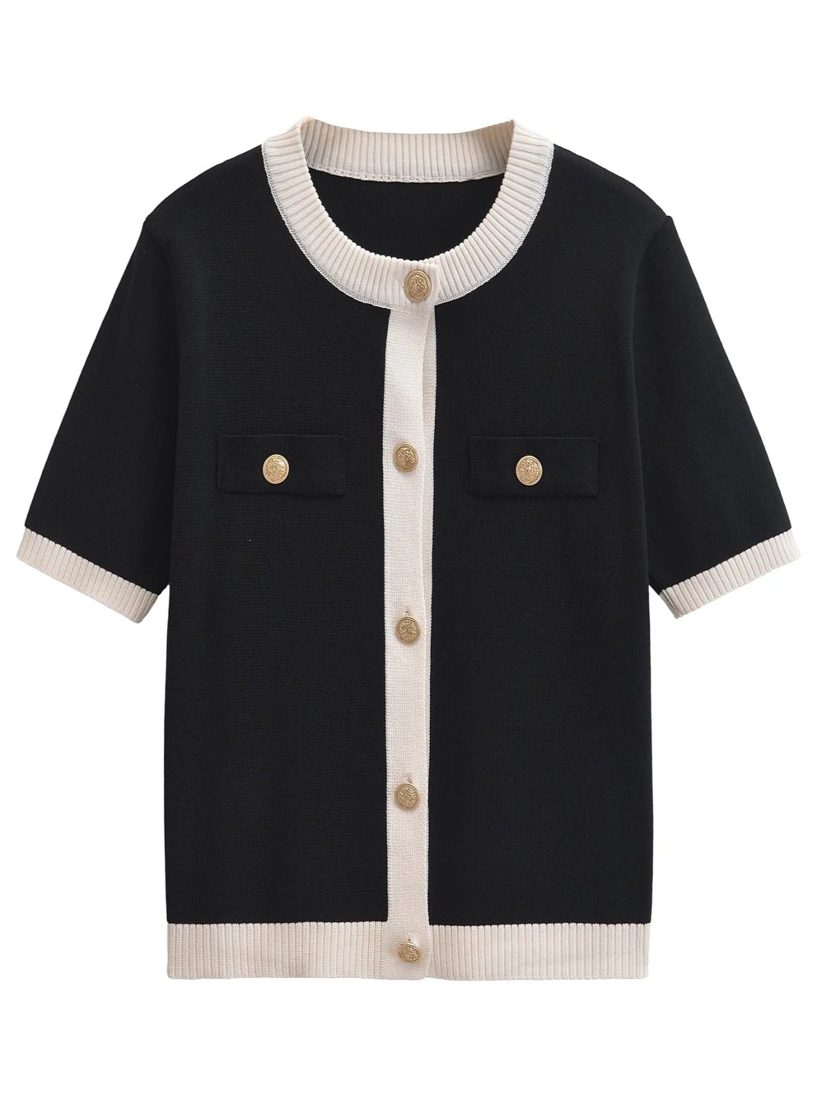 Black cardigan with white trim and gold buttons on a white background