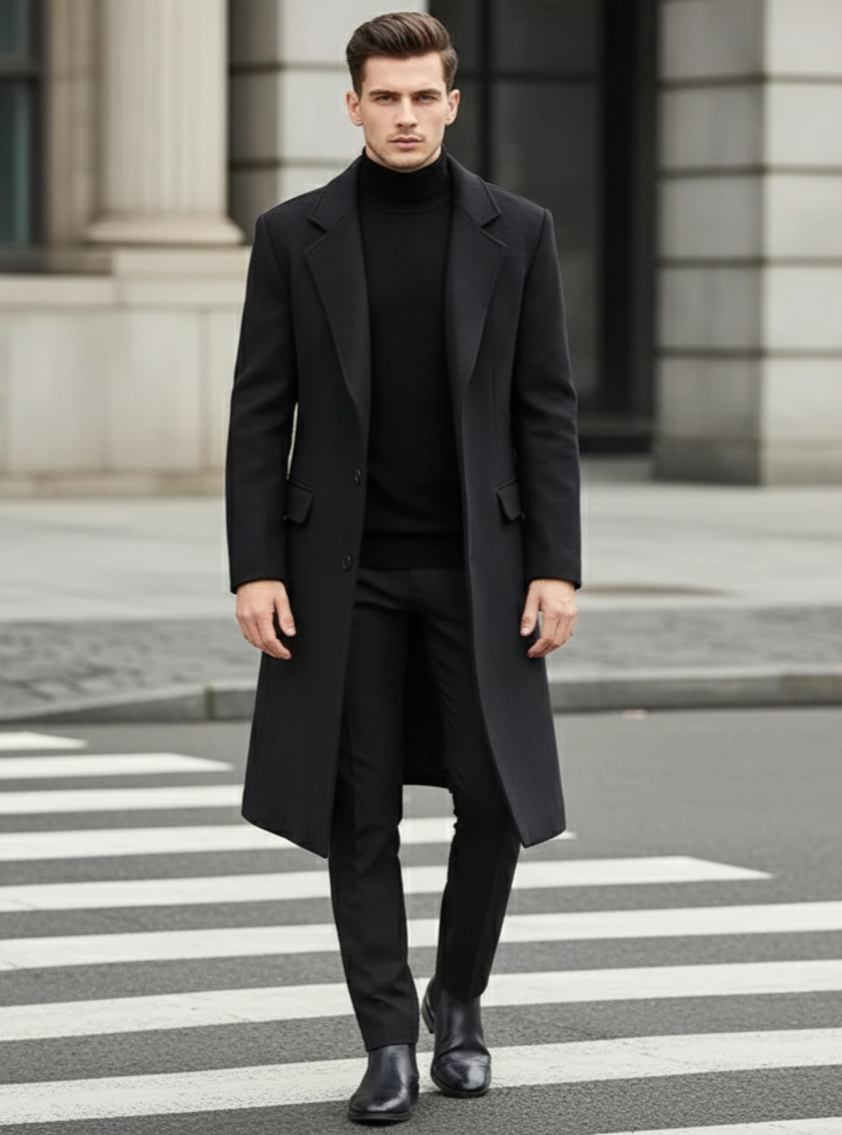 Man in a black coat and suit crossing a zebra crossing in an urban setting