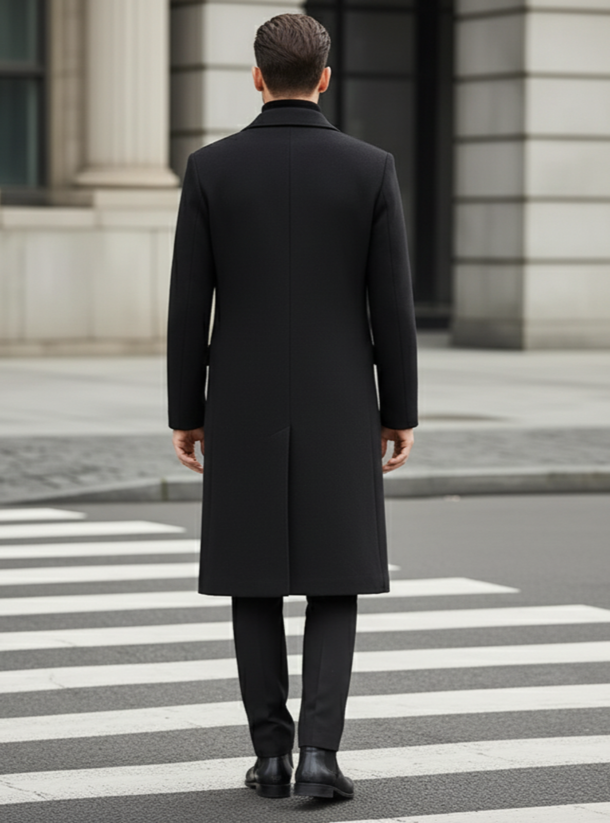 Man in a black coat walking on a crosswalk in an urban setting