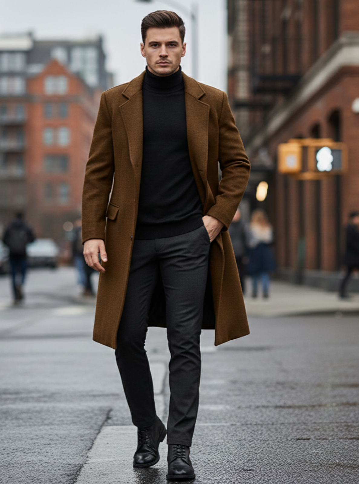 Man in a brown coat walking on a city street