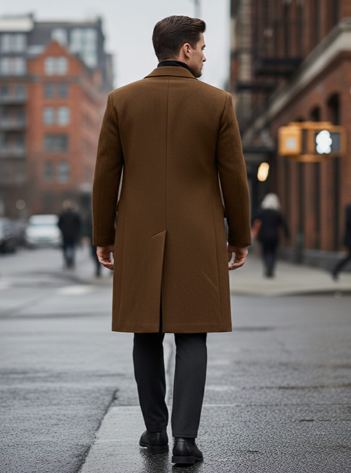 Man in a brown coat walking away on a city street
