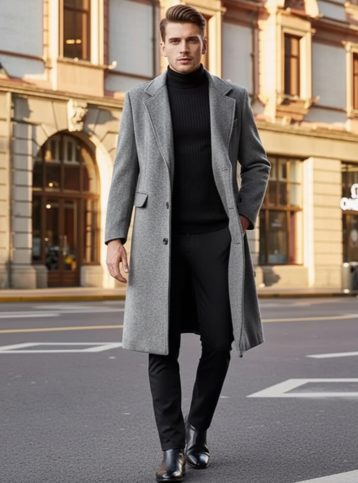Man in a gray coat walking on a city street with buildings in the background
