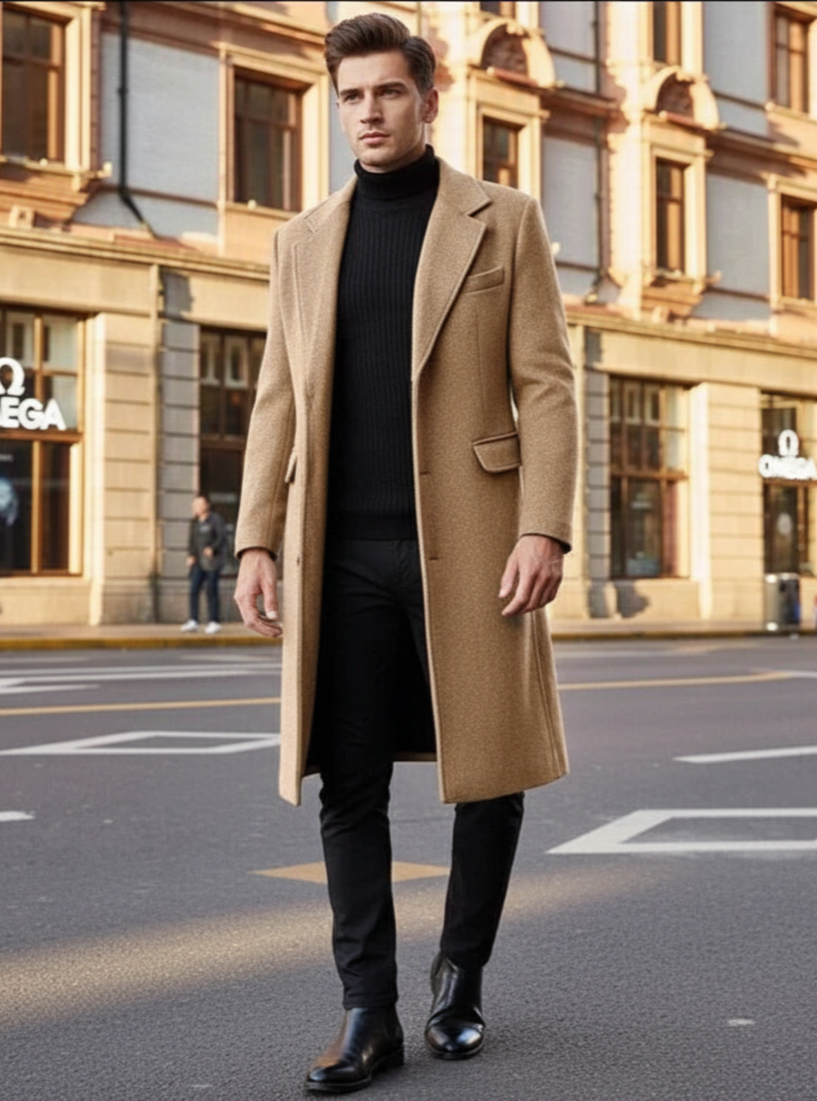 Man in a beige coat walking on a city street with a building and store in the background