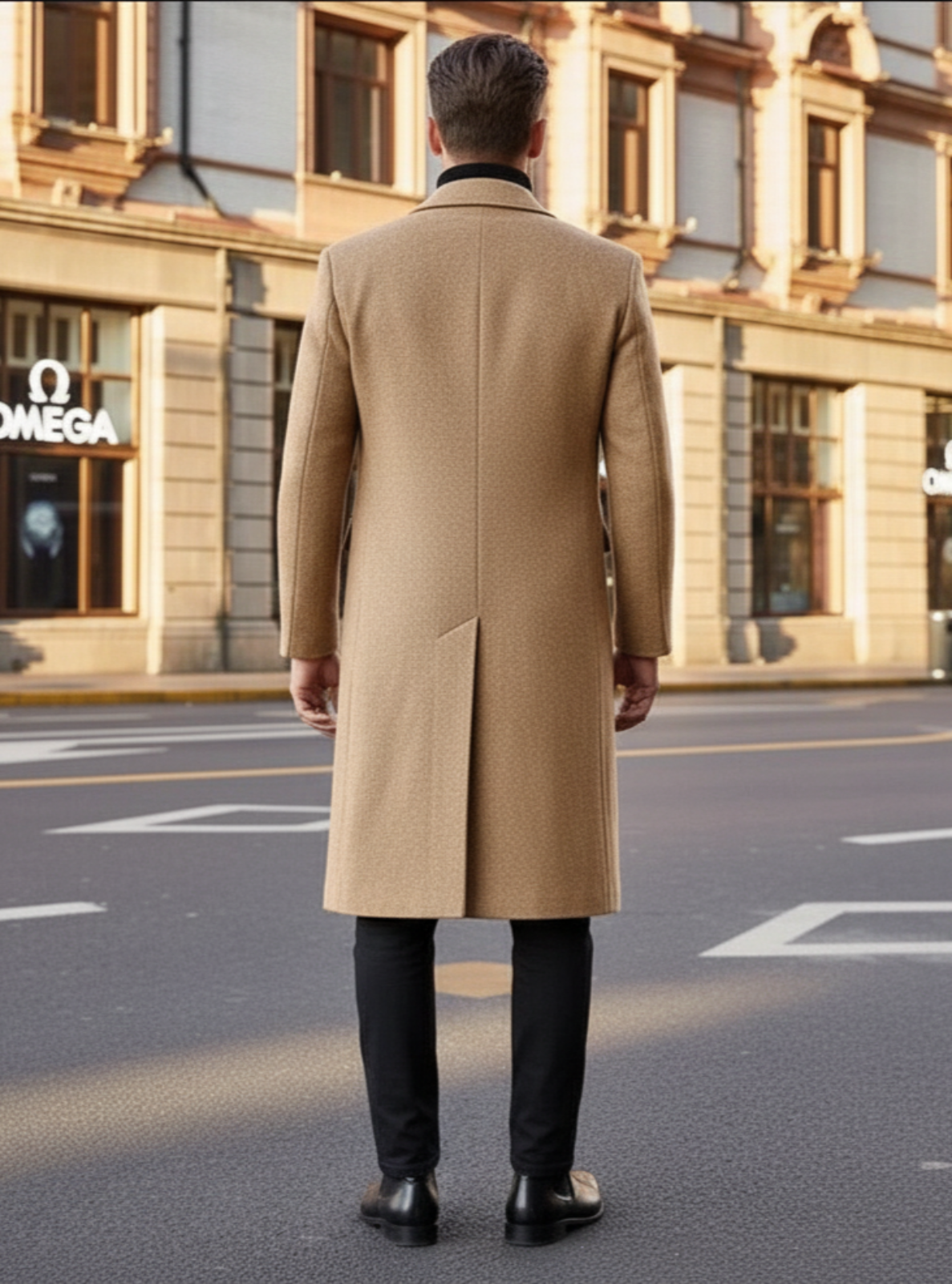 Man in a beige coat walking away from a building with an Omega store sign.