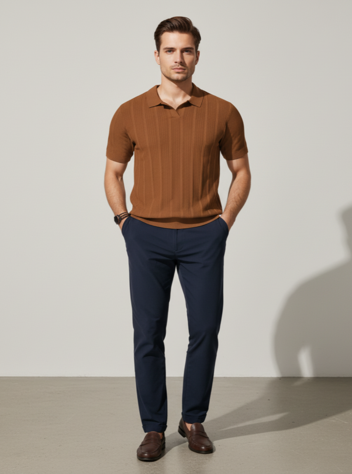 Man wearing a brown polo shirt and navy pants against a plain background