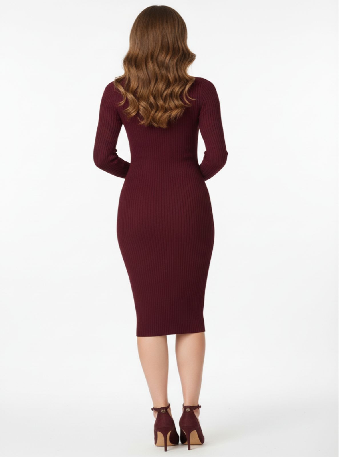 Woman wearing a burgundy dress on a white background