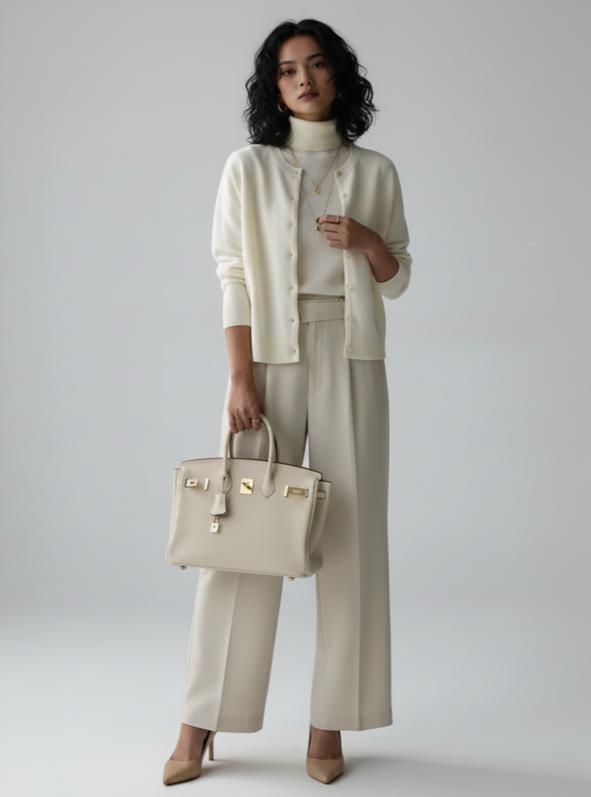 Woman in a beige outfit holding a matching handbag against a plain background