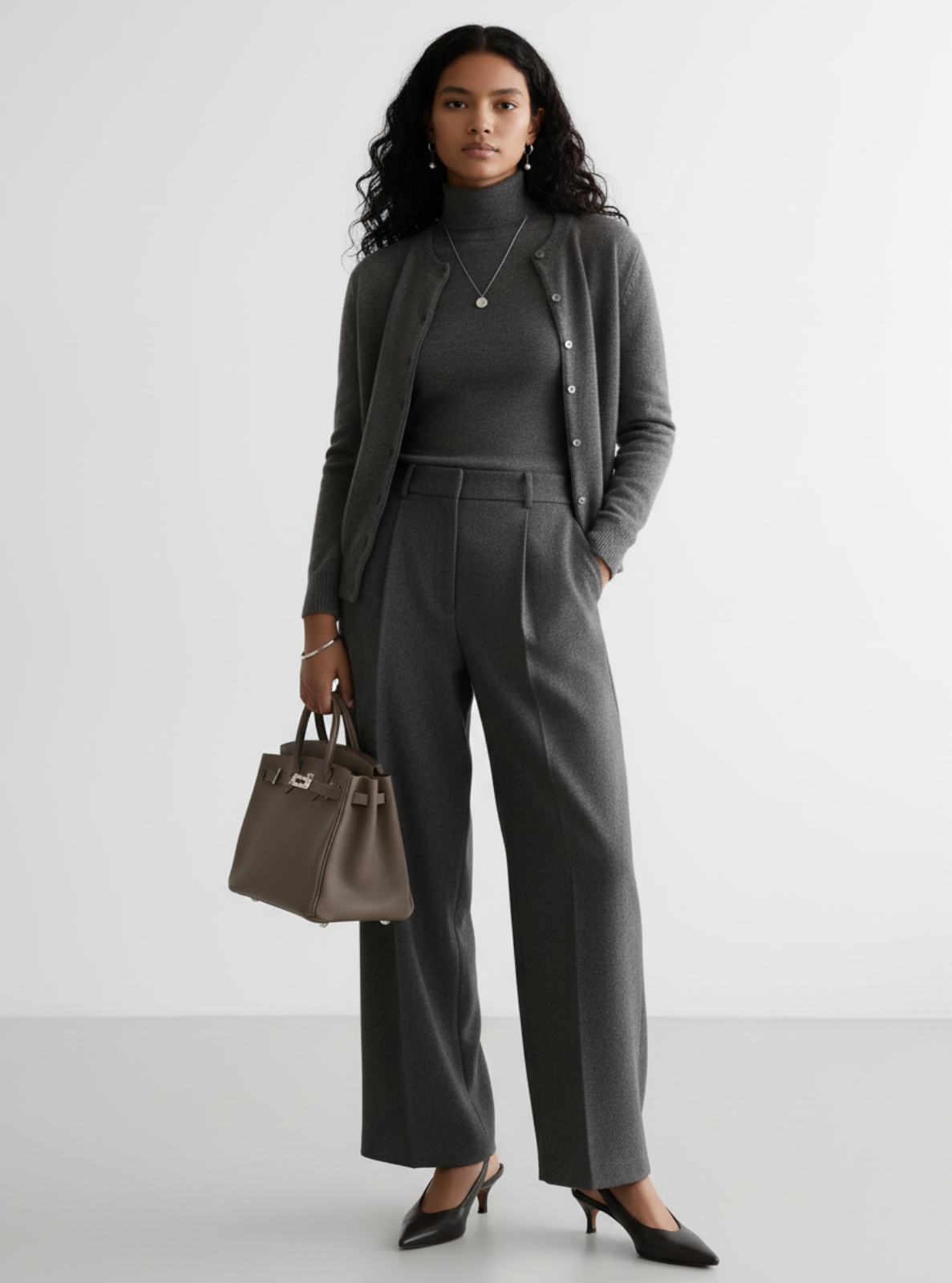 Woman wearing a gray suit with a matching handbag on a white background