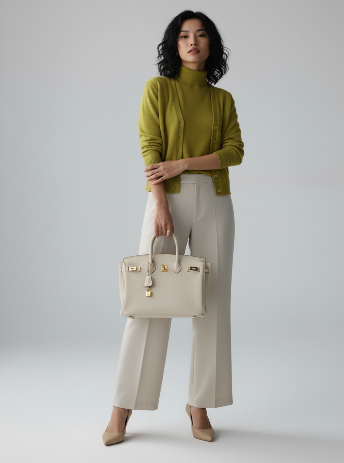 Woman in green sweater and white pants holding a beige handbag on a light gray background