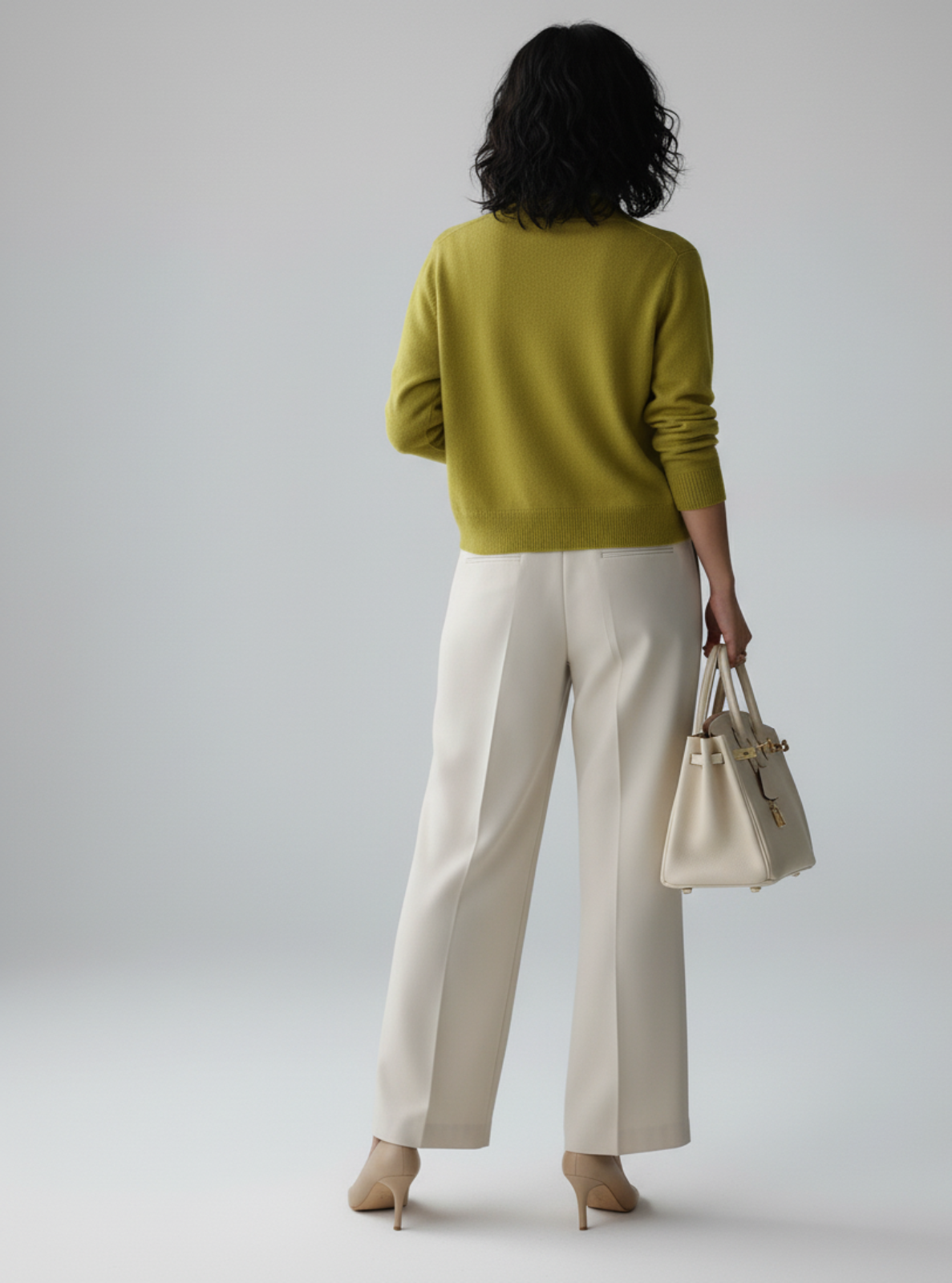 Woman wearing a maroon jacket, white sweater, blue jeans, and black boots in a minimalistic room.