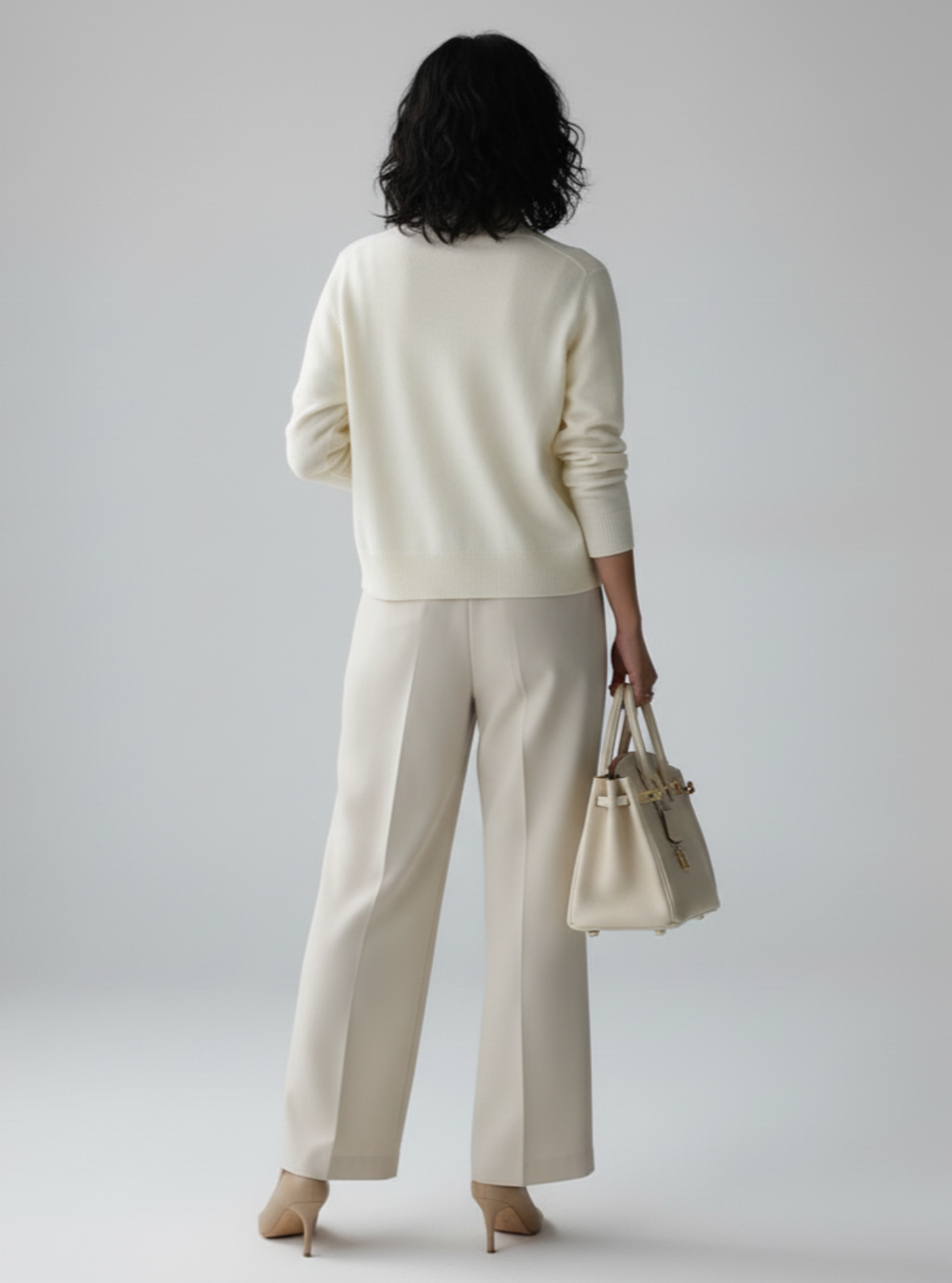 Woman in a beige outfit holding a handbag against a plain background