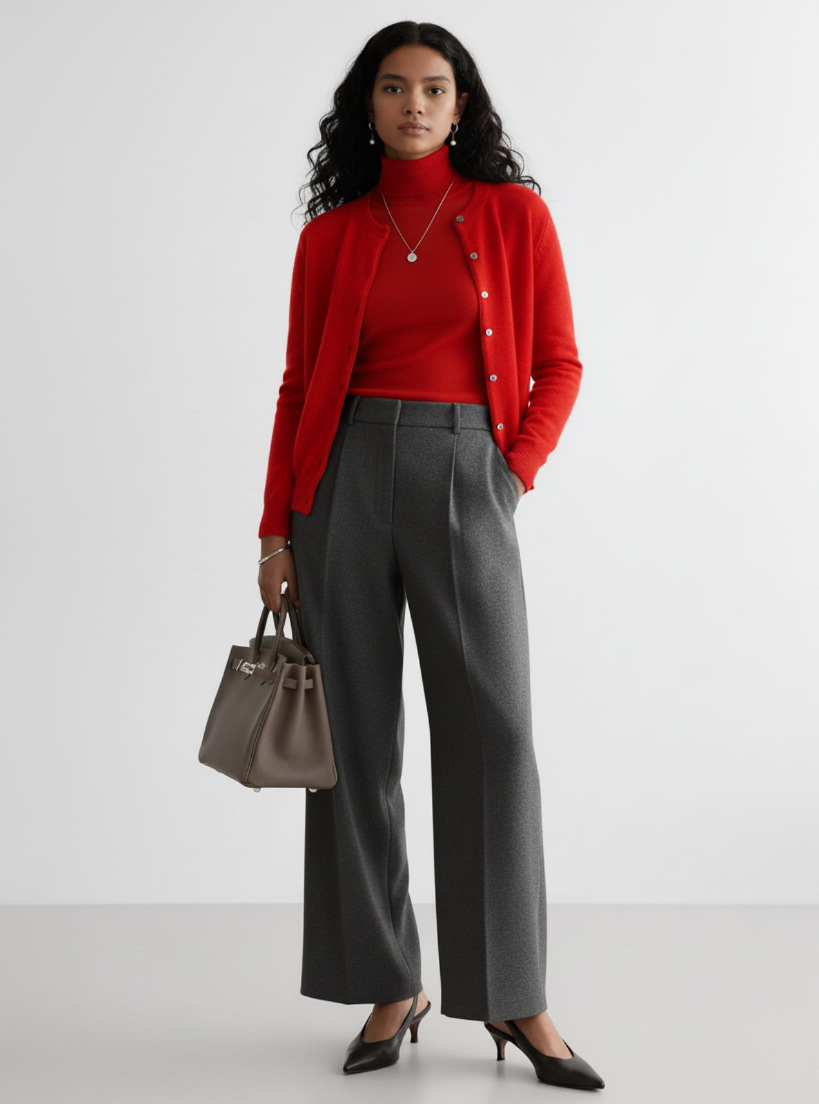 Woman wearing a red sweater and gray pants with a handbag on a white background