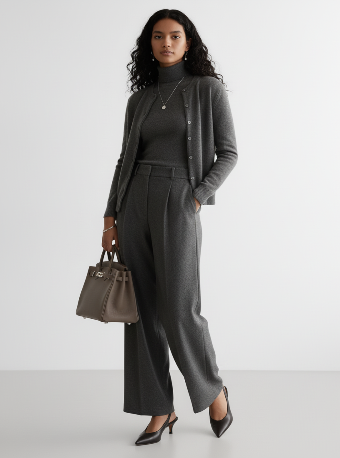 Woman wearing a gray cardigan, black turtleneck, and gray pants holding a matching handbag on a white background