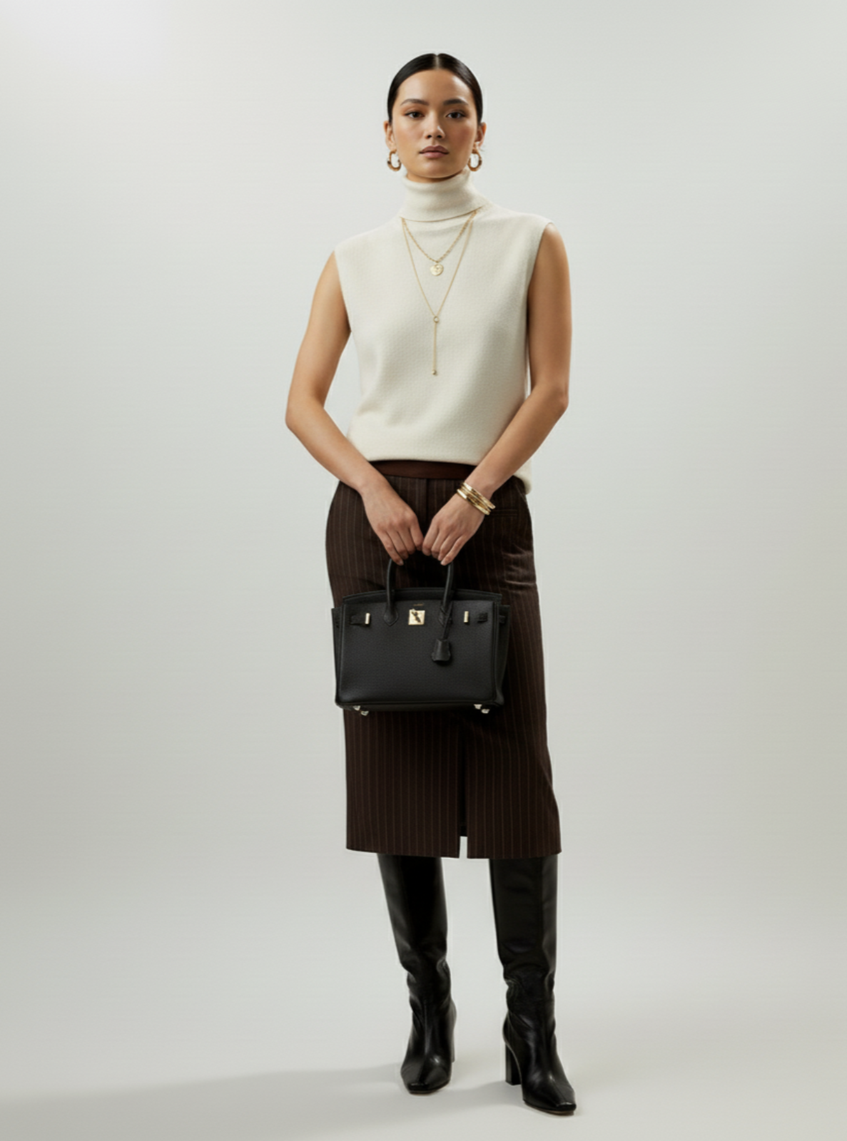 Woman wearing a cream sleeveless top, brown skirt, and black knee-high boots holding a black handbag against a white background.