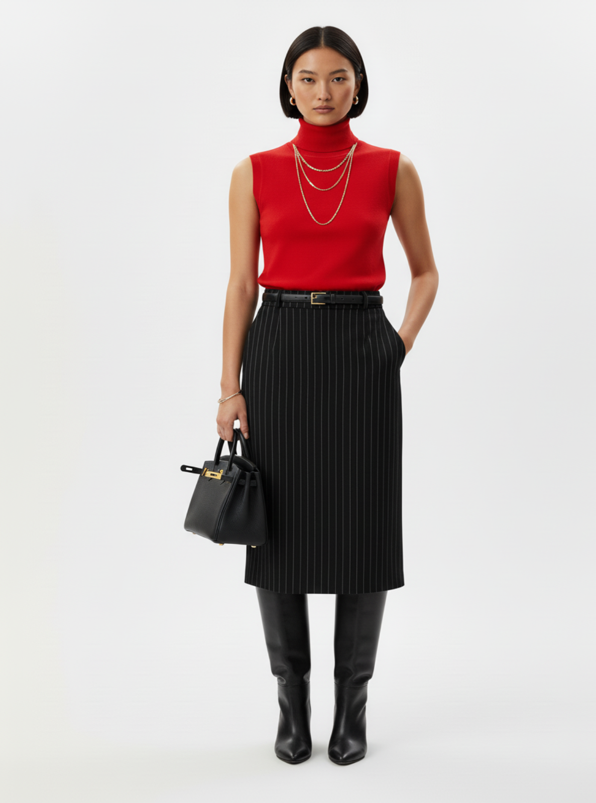 Woman wearing a red sleeveless top, black pleated skirt, and black boots on a white background