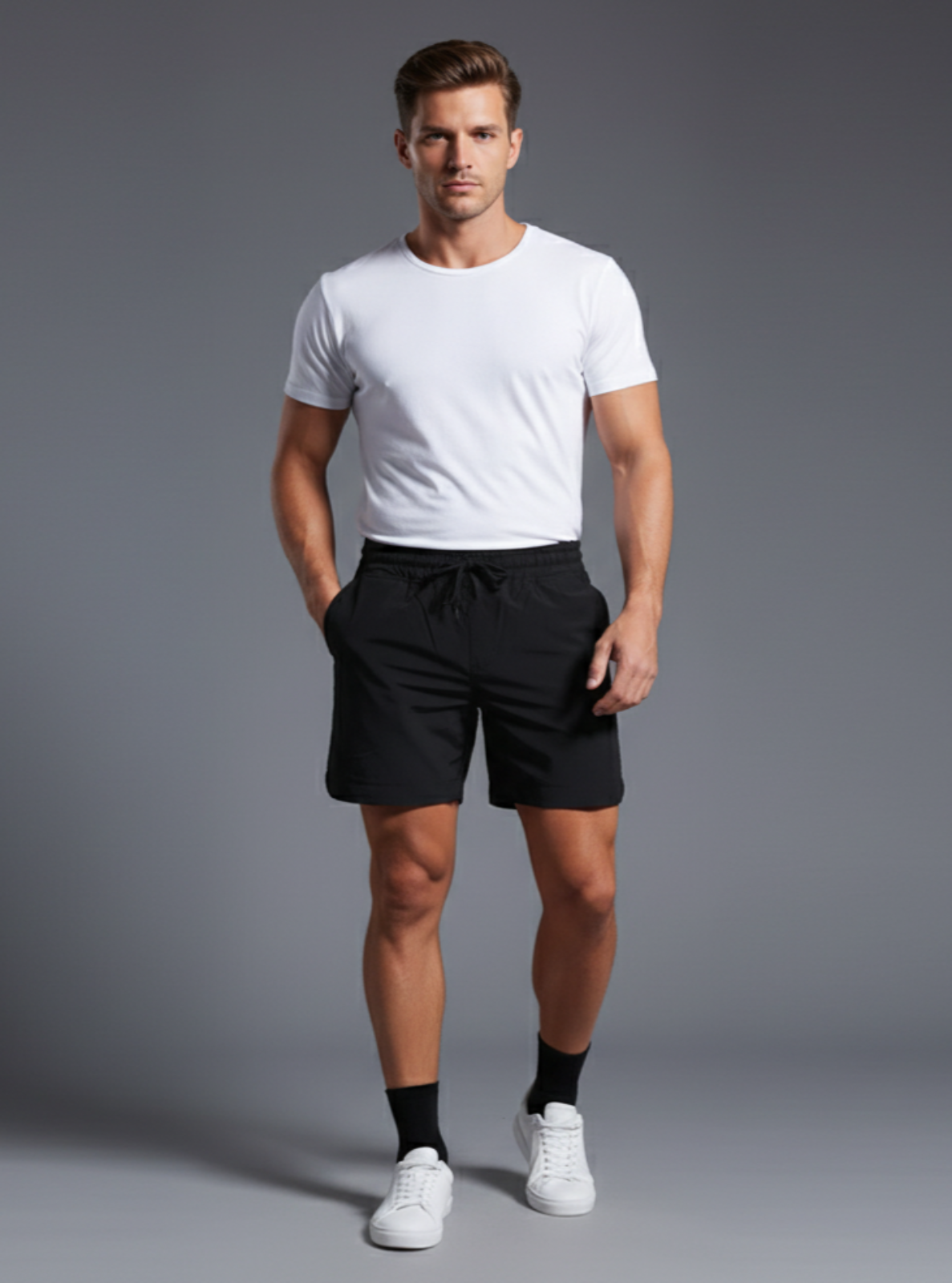 Man wearing a white t-shirt and black shorts on a gray background