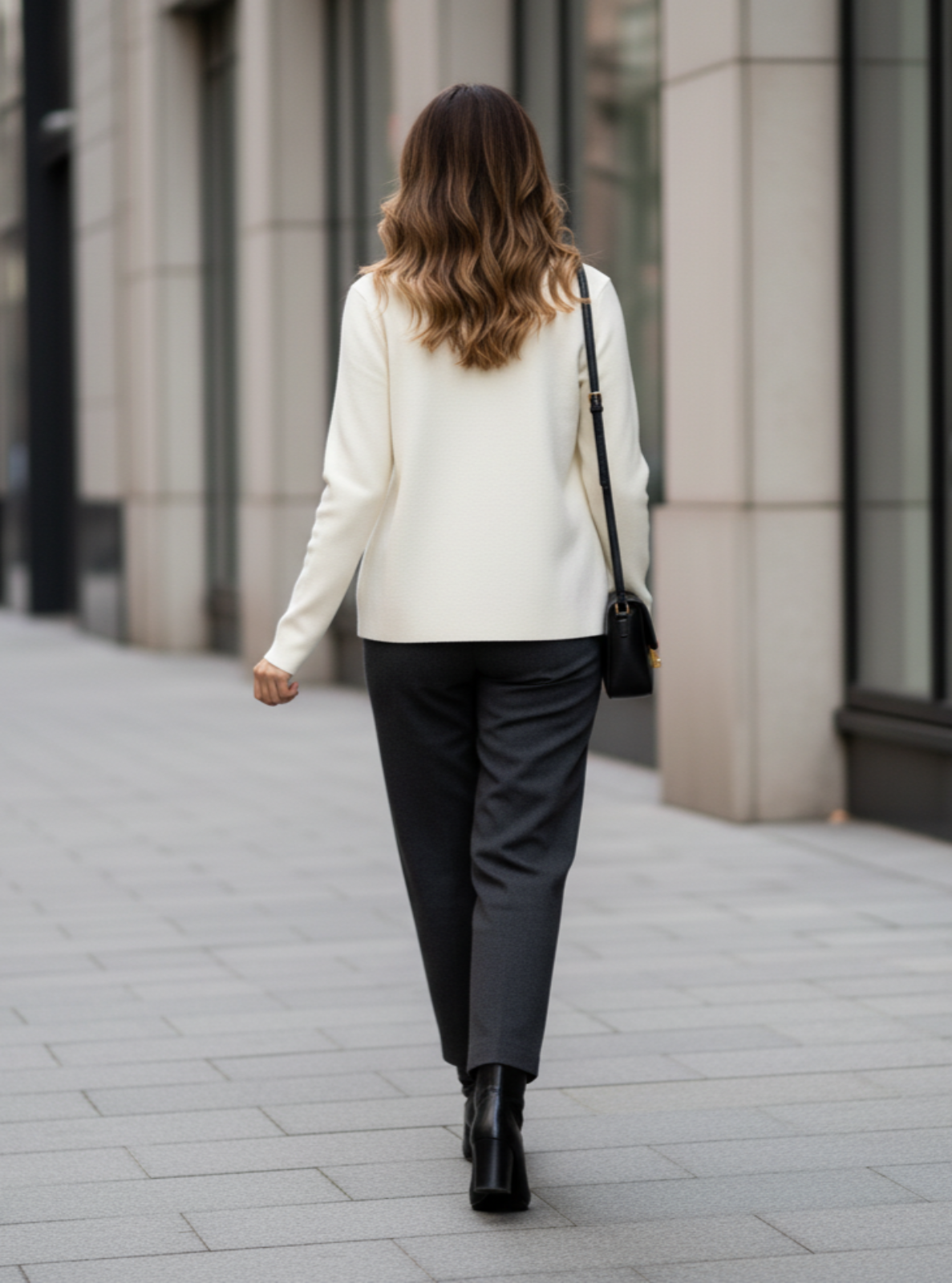 Woman walking down a city street wearing a white blazer and black pants.