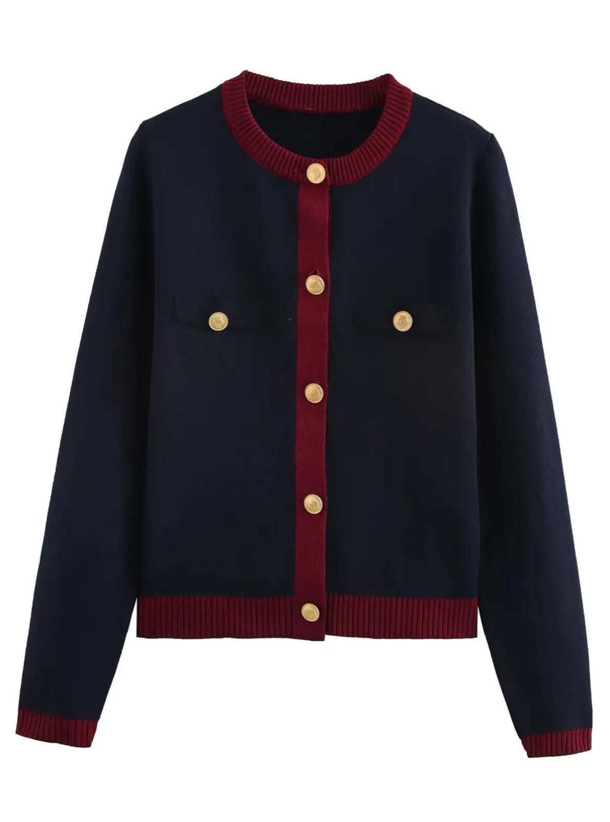 Navy blue cardigan with red trim and gold buttons on a white background