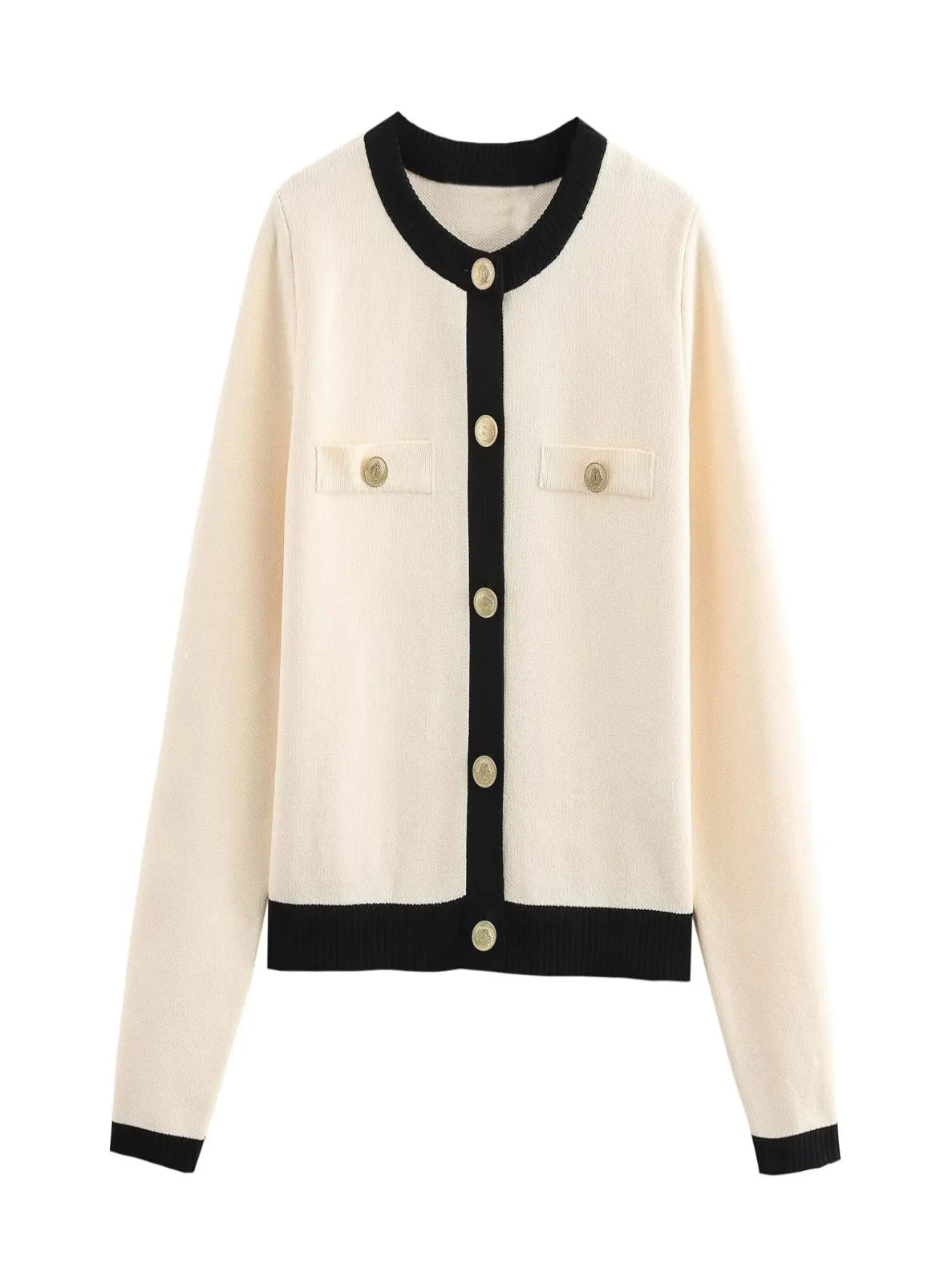 White cardigan with black trim and buttons on a white background