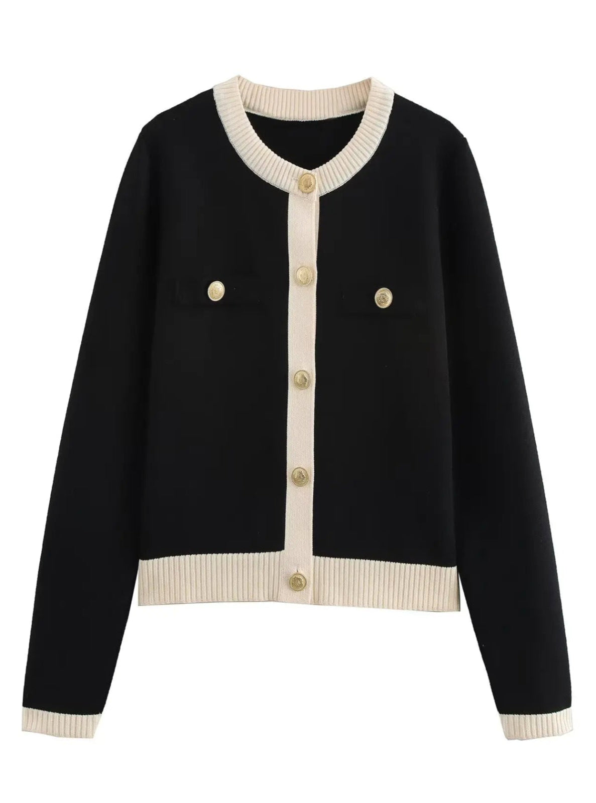 Black cardigan with beige trim and buttons on a white background