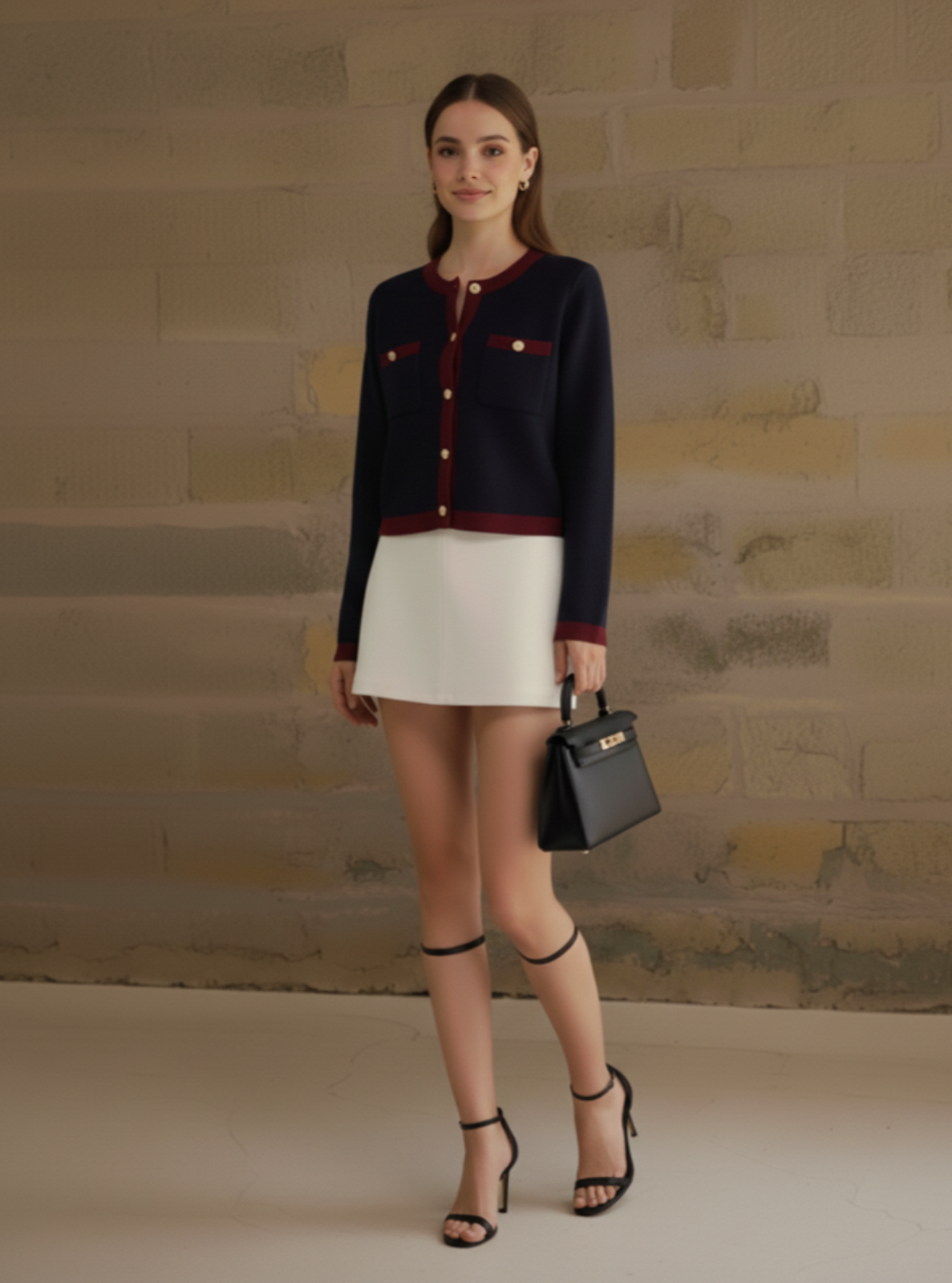 Woman wearing a navy cardigan, white skirt, and black heels holding a black handbag against a beige wall.