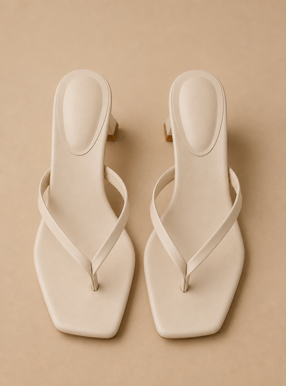 A pair of off-white leather thong sandals with square toes and low block heels, displayed from a top-down view on a solid beige background.