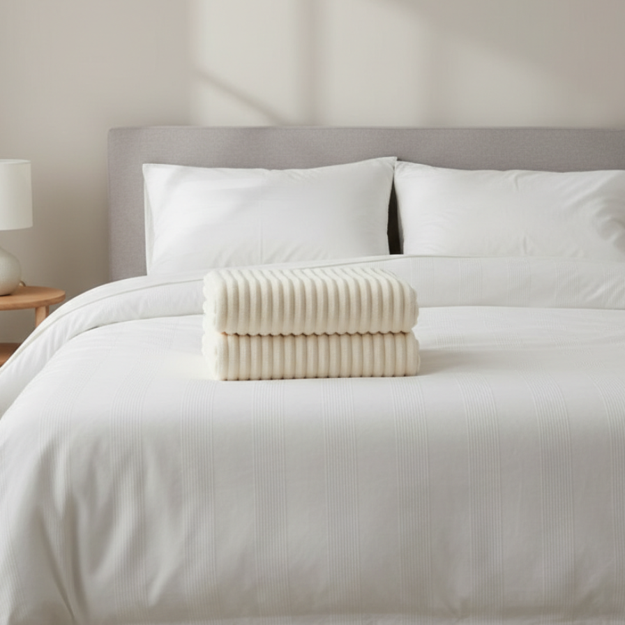 Neatly made bed with white bedding and a folded beige blanket in a bedroom setting.