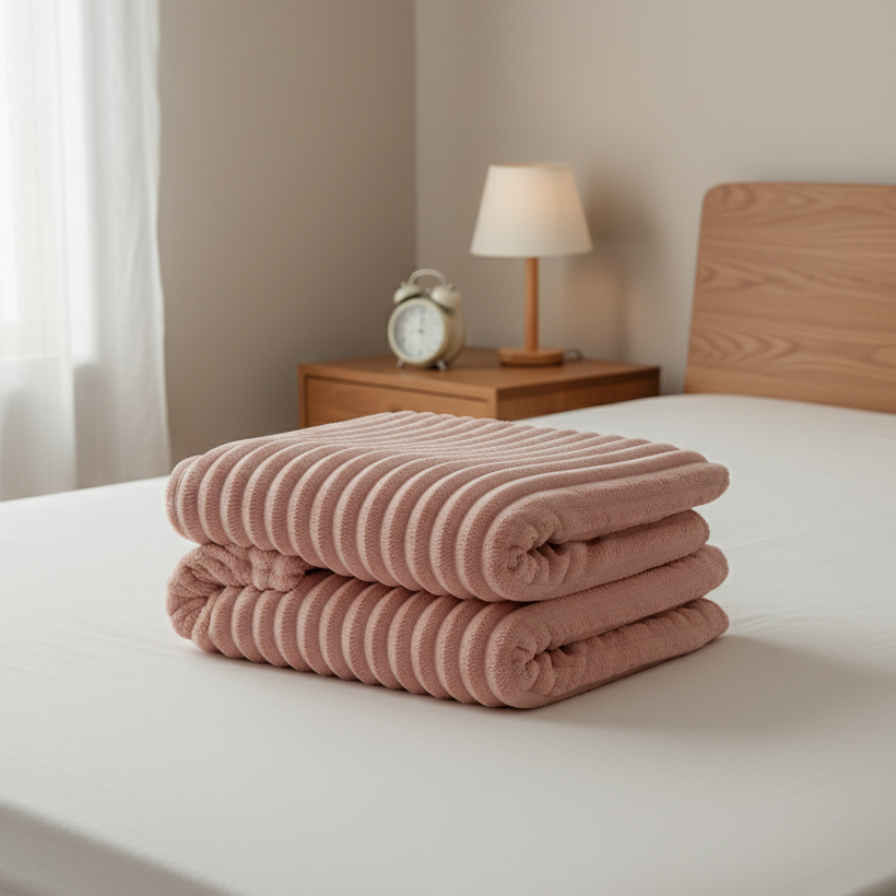 Stack of pink folded towels on a bed in a bedroom setting.