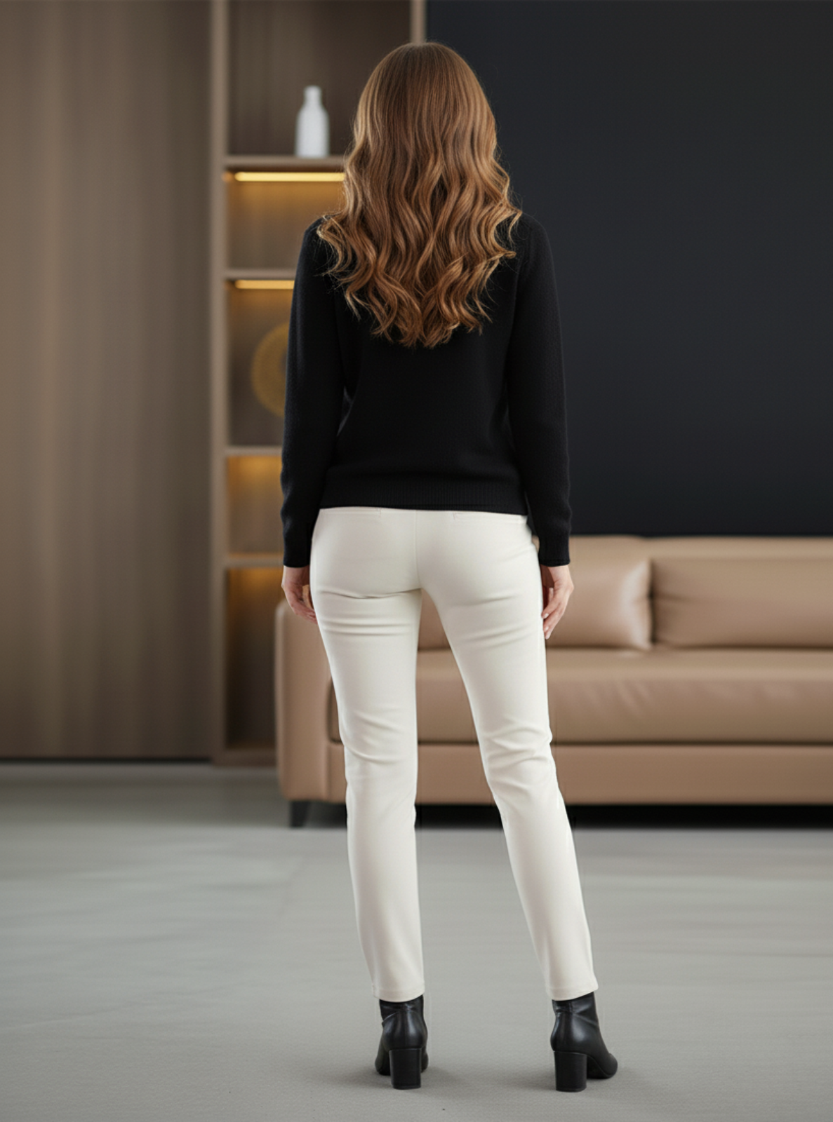 Woman wearing a black top and white pants in a modern living room.