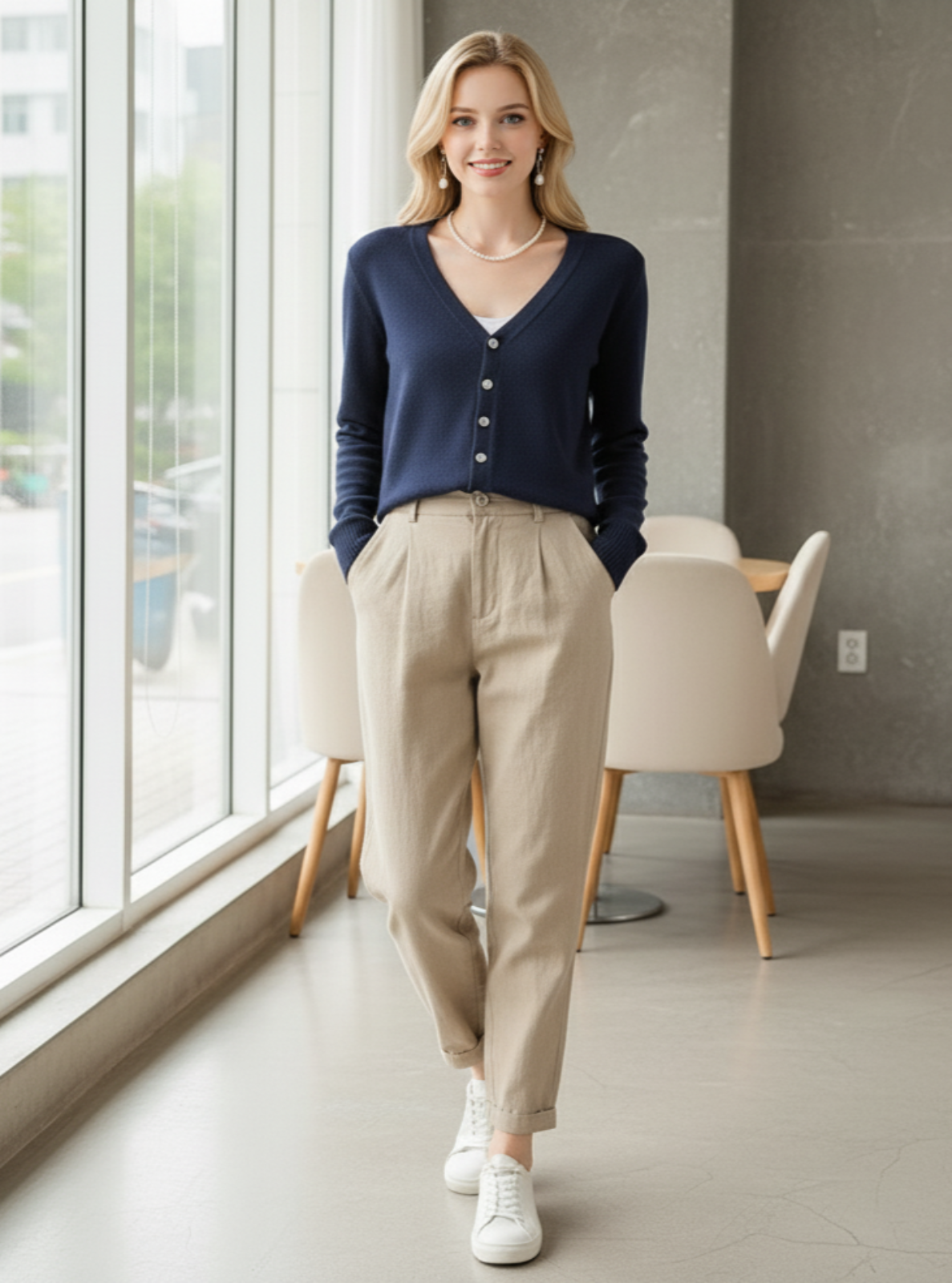 Woman in a blue sweater and beige pants standing in a modern room with large windows.