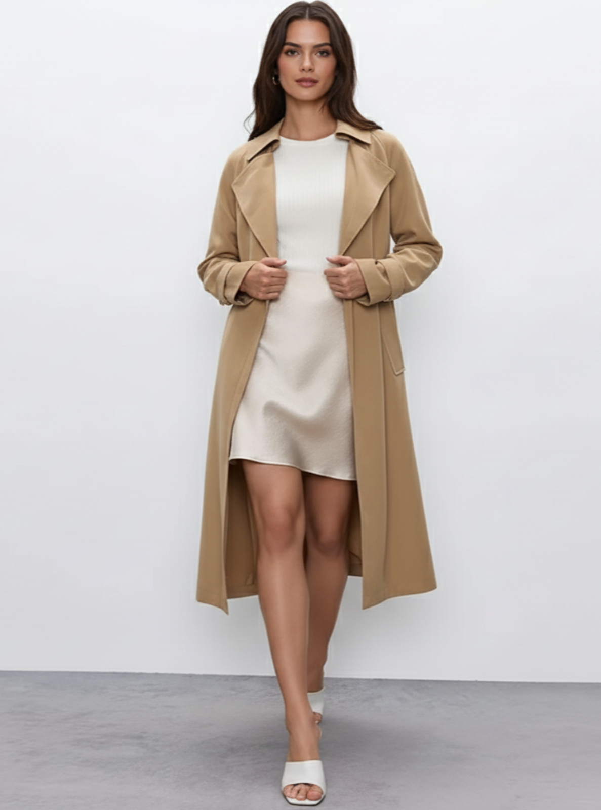 Woman wearing a beige trench coat over a white dress on a plain background