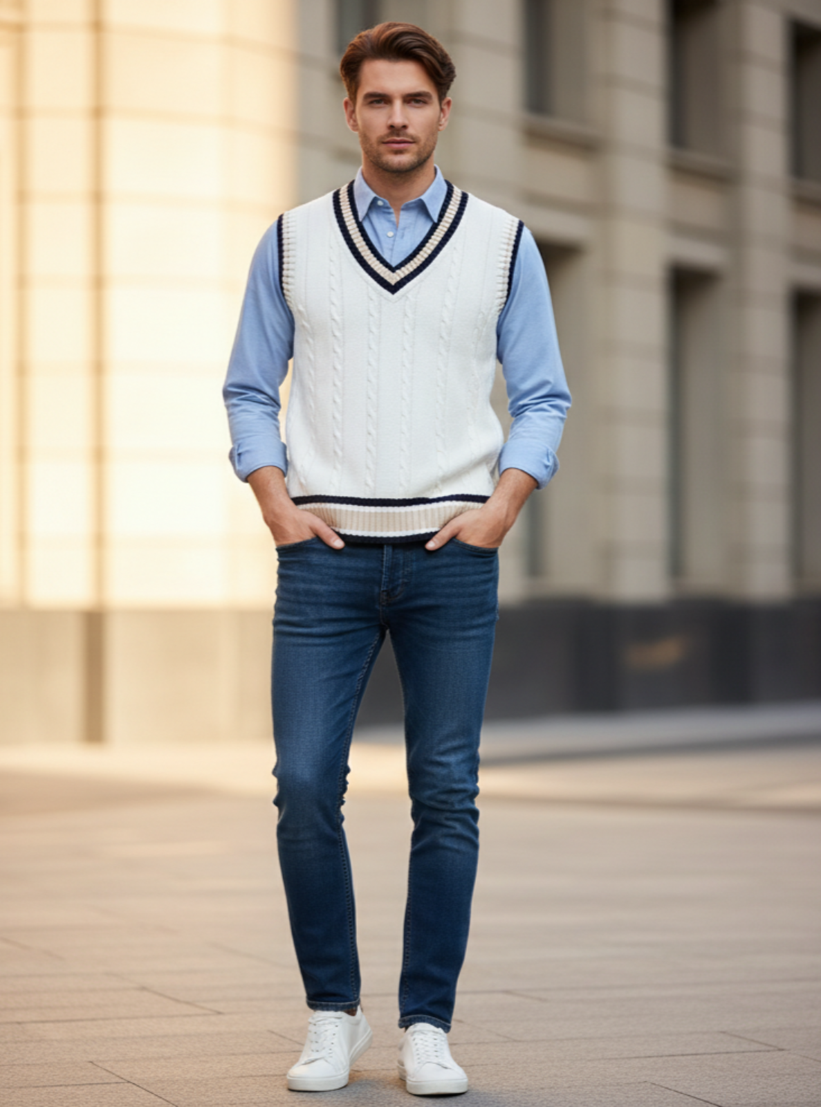 Man wearing a white sweater vest over a blue shirt with jeans and white shoes, standing outdoors.
