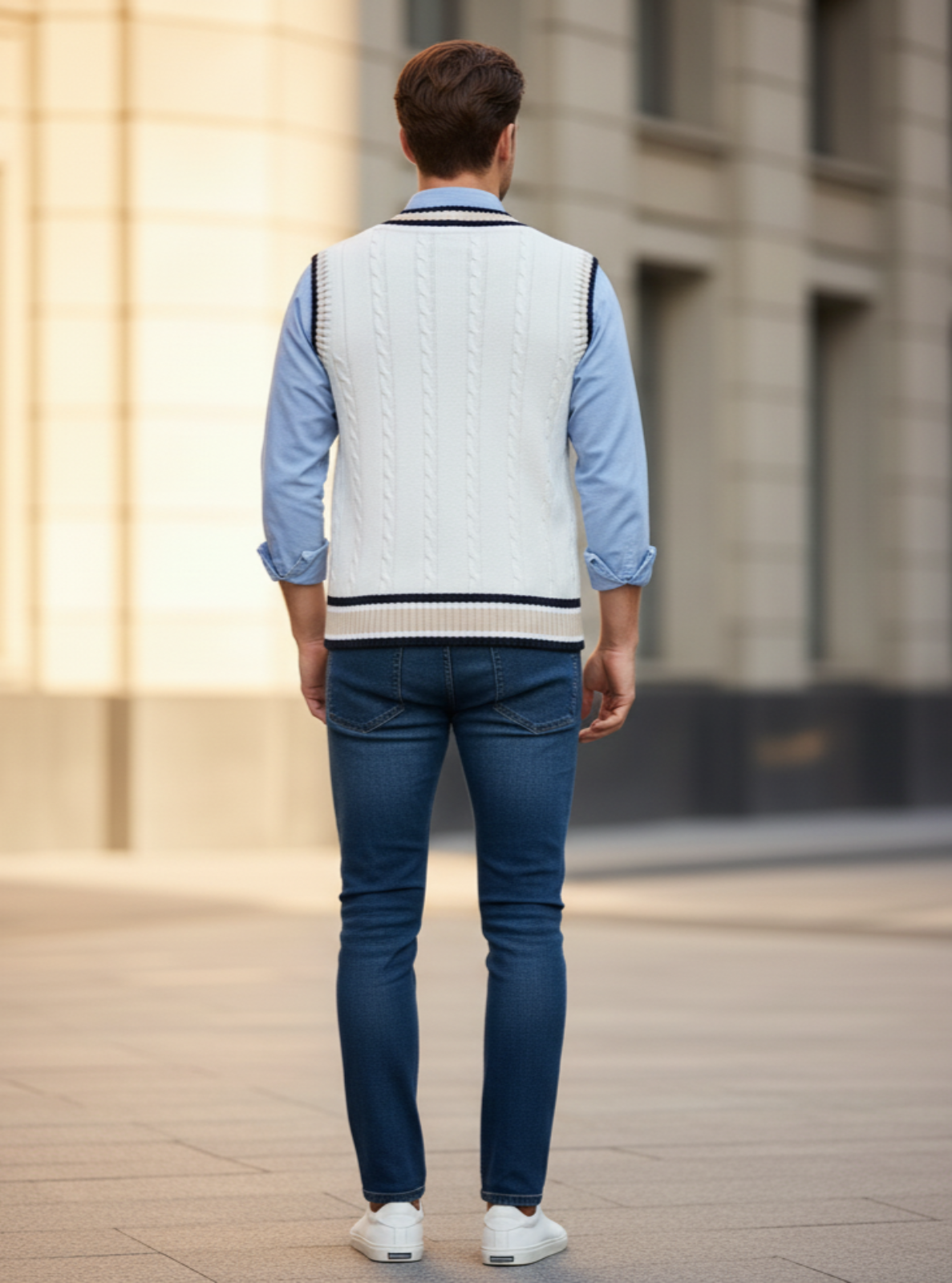 Man wearing a light blue shirt, white vest, and dark jeans walking outdoors.