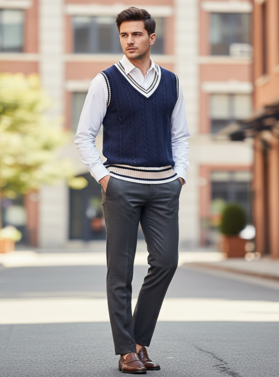 Man in a blue sweater vest and gray pants standing on a city street.